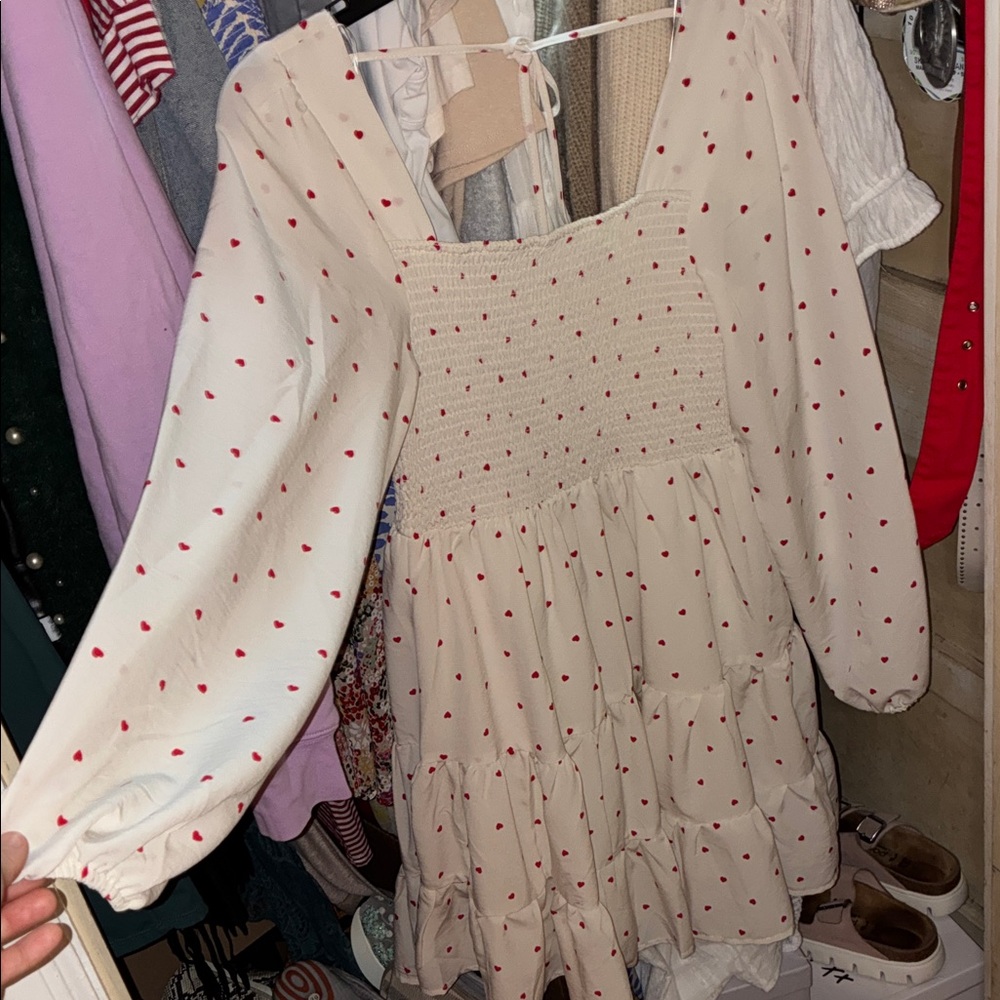 Francesca's Valentine’s White Long-Sleeve Dress with Red Heart Print